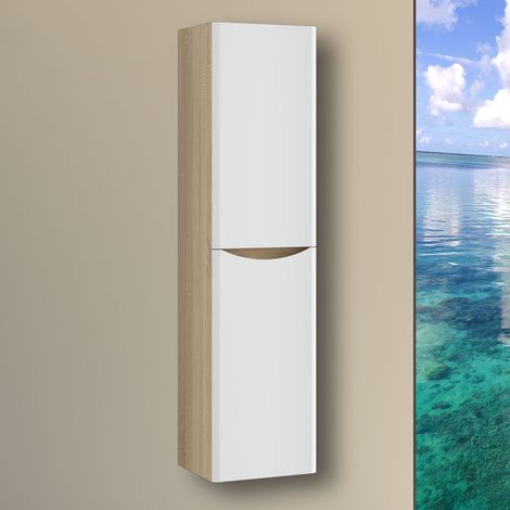 Colonne de salle de bain Brillant + 2 Porte, avec compartiment, 35 x 30 x 140 cm, Blanc et Chêne
