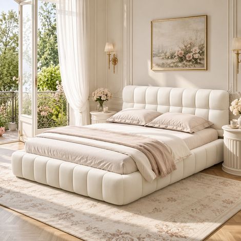 Lit 160 x 200 - Lit double 160 x 200 - Lin beige - Lit capitonné avec dossier moelleux - Lit adulte style scandinave - Sommier à lattes (1/5)