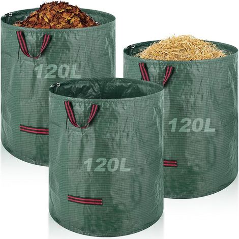 Sacs de jardin, 3 sacs à déchets de jardin de 120 L, sacs à déchets verts pliables avec poignées, sacs à feuilles imperméables réutilisables pour déchets de jardin, pinces à herbe, mauvaises herbes (1/5)
