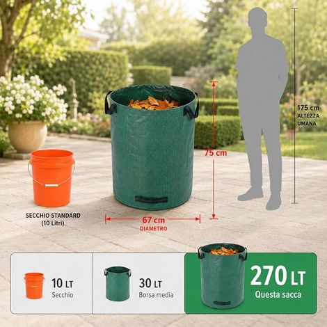 sacs poubelle de jardin - 270 L - Polypropylène 150 g/m² avec poignées et anneau renforcé - Ø67 × H 75 cm - pour feuilles, herbe et élagage (1/4)