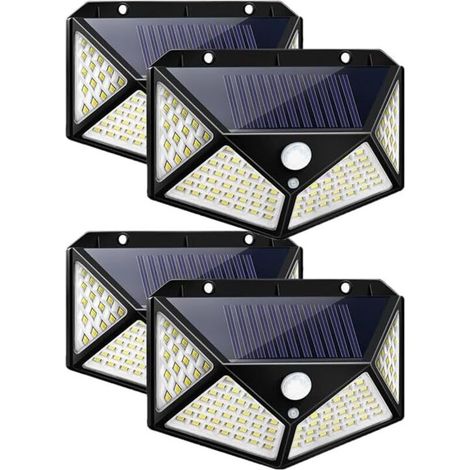 Lampe solaire d'extérieur 100 LED , éclairage de jardin , étanche , avec détecteur de mouvement , applique murale solaire , 3 modes de jardin (lot de 4) [Classe énergétique A+++] (1/4)