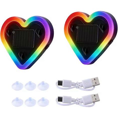 Lot de 2 lampes d'ambiance solaires en forme de cœur RGB pour voiture, avec néon LED dynamique et ventouse. (1/5)
