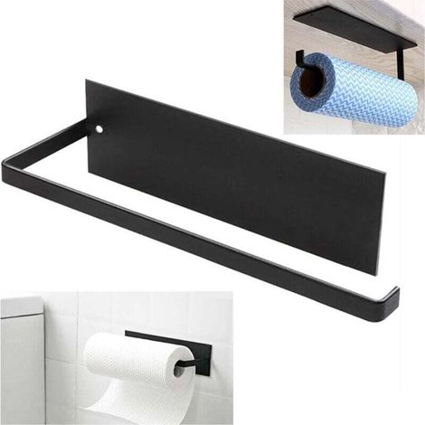 Porte-papier toilette, Porte-Papier Cuisine Mural, Supports pour Papier Essuie Tout sans Perçage, Porte-Rouleau Cuisine en Métal, Dérouleur Sopalin Auto-Adhésif Cuisine, 25cm - Noir (1/5)