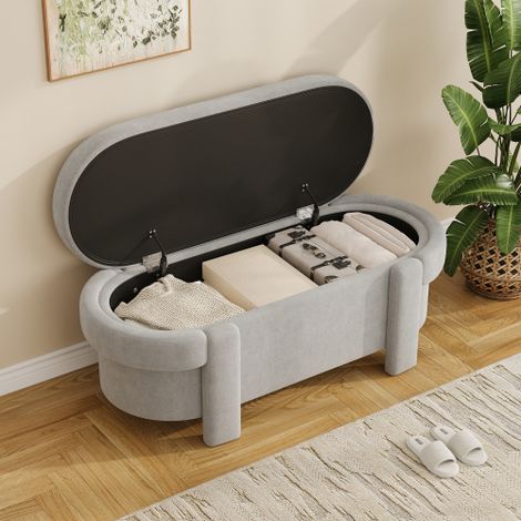 Banquette assise avec compartiment de rangement intégré, coffre à couvercle, assise rembourrée en fausse fourrure effet peluche, gris, idéale pour salon et chambre à coucher, 121,5 × 49 × 44,5 cm