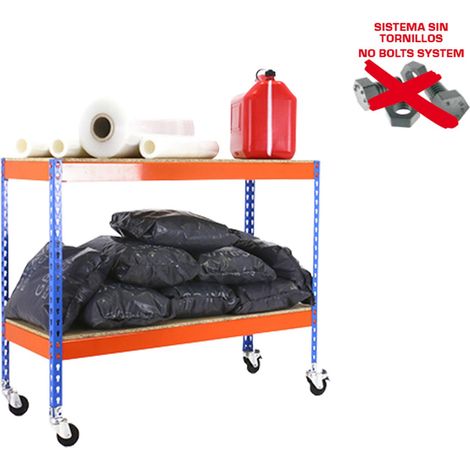 Estantería metálica sin tornillos SIMONRACK de 2 estantes (97,5x150x45cm) AZUL-NARANJA Y MADERA (1/5)