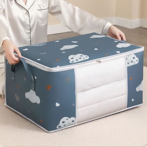 1 Sac de rangement pliable pour couettes, oreillers, couvertures, avec poignées renforcées et fermeture éclair, bleu marine, pour maison et chambre