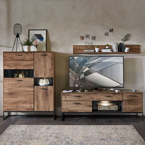 TV-Wohnwand im Industrial Look in Haveleiche Cognac Dekor mit graphit MINNEAPOLIS-55, B/H/T ca: 310/165/48 cm (1/5)