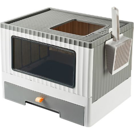 Bac à litière fermé et large avec couvercle et pelle à litière, pliable, avec panneau latéral pour le toilettage du chat et plateau facile à nettoyer. (1/5)