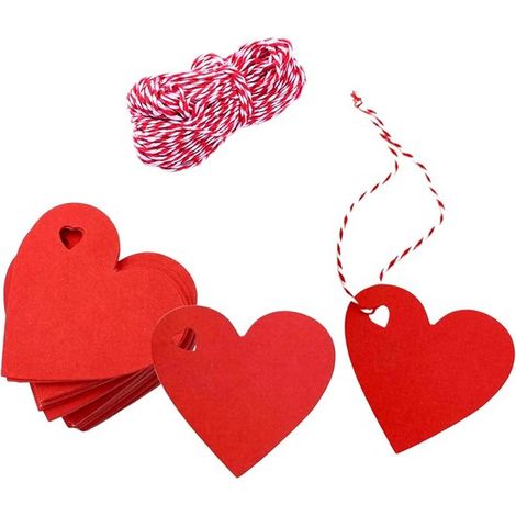 Etiquetas para tarjetas, 100 unidades, Etiquetas de regalo de cartón, Papel kraft, Rojo, Bodas, Etiquetas de cartón, San Valentín, 6x6 cm, Rojo (1/5)