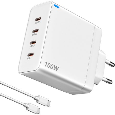 Chargeur USB-C 100W GaN 4 Ports - Charge Rapide PD - Compatible MacBook Pro/Air, Samsung Galaxy S25, iPhone 15-17, iPad (Blanc) (1/5)