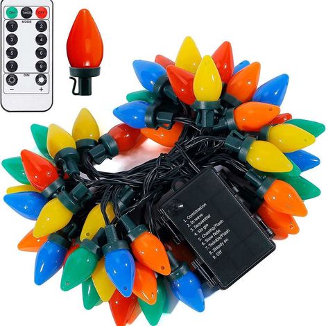 Guirlande lumineuse de Noël de 7 mètres avec câble vert vintage et 50 ampoules multicolores transparentes (dont 5 de rechange), idéale pour les sapins de Noël et la décoration intérieure. (1/5)