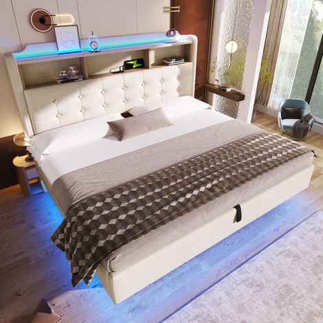 Cama tapizada (217x183x110 cm), con almacenaje hidráulico, tira LED, puertos USB y Tipo C, lino y MDF, beige (1/5)