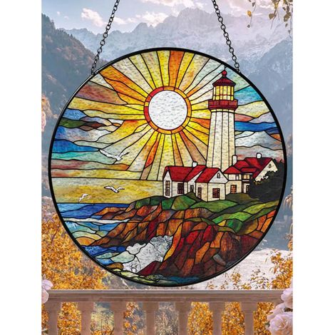 Attrape-soleil vitrail phare mer 9 cm, décoration fenêtre océan