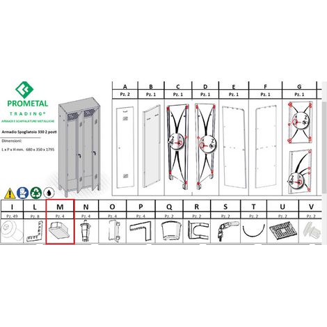 R PIEDINO M X ARMADIO SPOGLIATOIO A 2 POSTI IN KIT C/SERRATURA