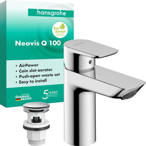 Mitigeur de lavabo avec bonde push-open, robinet de salle de bain avec bec hauteur 96 mm, mitigeur lavabo économe en eau, chrome, 71348000 (1/5)