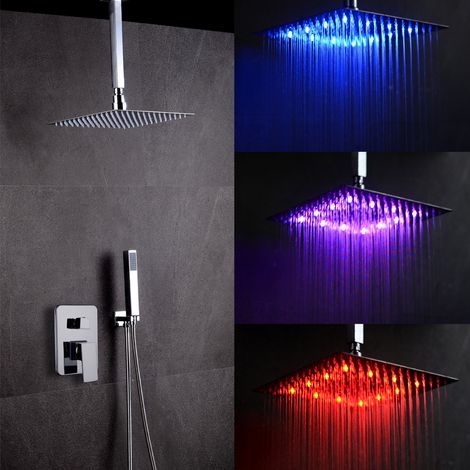 Douche à effet de pluie dissimulé à LED 30 30 CM Pommeau de douche Pulvérisateur de plafond Raccord encastré Changements de couleur en fonction de la température de l'eau (1/5)