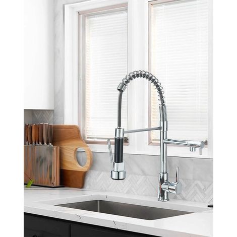 Mitigeur Cuisine Douchette Extractible Robinet Évier Cuisine Ressort avec Double Sortie Eau Pivotant à 360° en Laiton Chrome