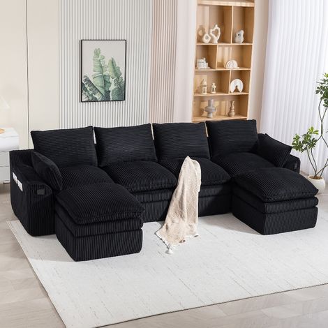 Modulares 4-Sitzer Cordsofa in Schwarz mit 2 Hockern und Kissen, 335x167x85 cm, frei kombinierbares Sofa mit Federkern und praktischen Seitentaschen (1/5)