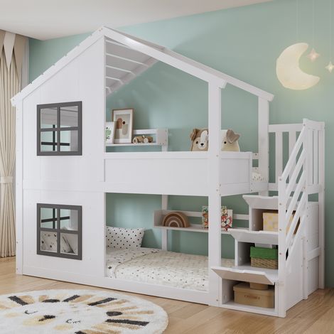 Etagenbett 90x200 cm Mit Drei-Ebenen-Stauraumtreppe, Fenstern Und Dach (1/5)