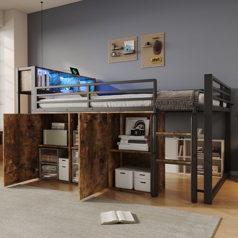 Lit mezzanine 120x200 cm métal MDF noir, rangement LED, gain de place, sans matelas – MEUBLIV (1/5)