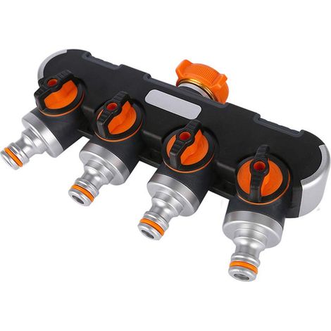 Répartiteur de tuyau à 4 voies, distributeur pour robinets d'eau 1/2" et 3/4", adaptateur de robinet avec régulateur de débit pour l'arrosage du jardin (1/5)