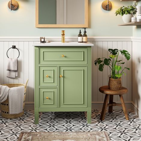 Mueble de baño con lavabo 61 cm, MDF y cerámica, verde brillante DESVIAE (1/5)