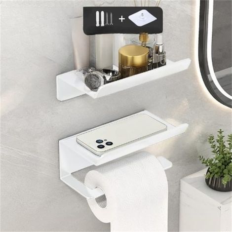 Juego de 2 soportes de papel higiénico de pared, no requiere perforación – Estante de baño de 16,5 x 10 x 6 cm, blanco, práctico e impermeable. (1/5)