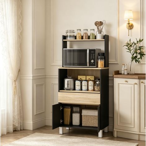 Meuble de cuisine pour micro-ondes noir en panneau de particules, 60 x 40 x 131 cm, avec tiroir, placard et étagère, station café compacte avec rangement vertical – CHICFURN (1/5)