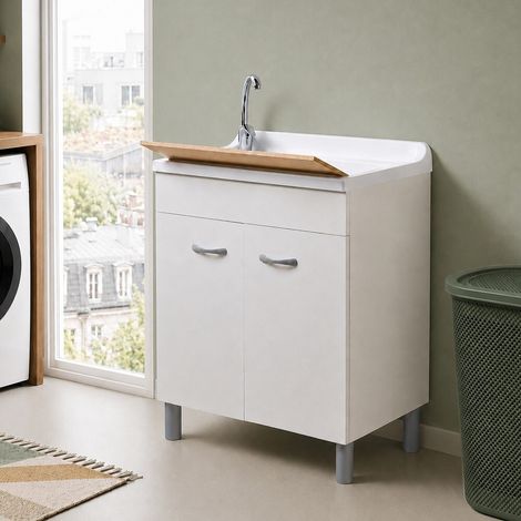 Mobile lavatoio 79x50 cm bianco opaco con ante e vasca incluso di asse di lavaggio e kit di scarico Medea (1/5)
