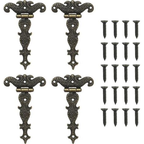FENOPLASTICALot de 4 charnières rétro en T avec vis pour armoires, fenêtres, caisses en bois, portes de grange, portes de hangar (1/4)