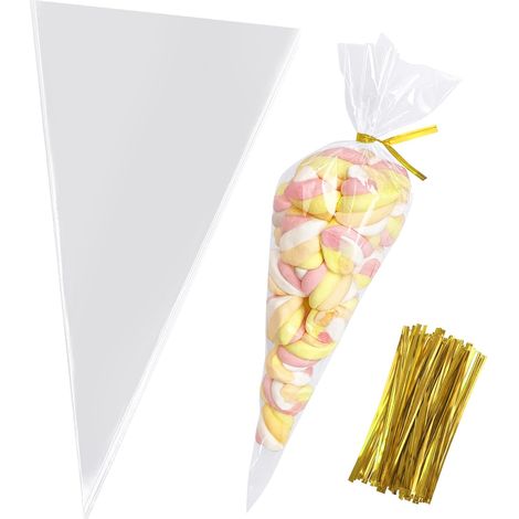 BEBUSINGOTO Bolsas cónicas para golosinas, 16 x 30 x 100, de celofán transparente, triangulares y cónicas, para golosinas, palomitas de maíz y dulces (100 unidades) (1/4)