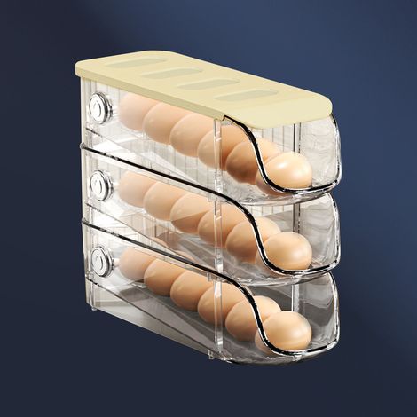Lot de 3 boîtes à œufs empilables en plastique pour réfrigérateur, avec roulettes automatiques, idéales pour ranger les œufs et la crème. (1/5)