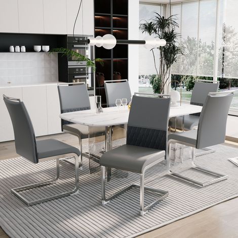 Sedia da sala da pranzo set da 6, schienale alto imbottito, PU e lino, grigio HAVRYA (1/5)
