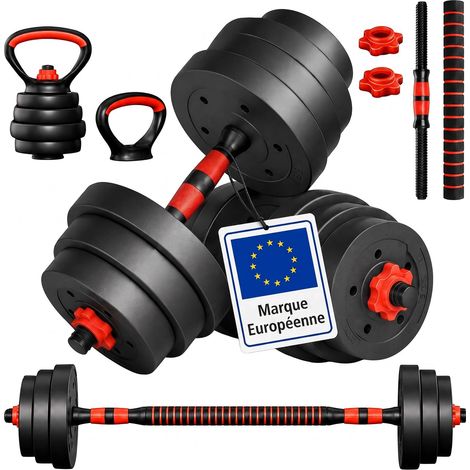 Relaxdays Ensemble d'haltères réglables, 19 kg, haltère, barre, kettlebell, accessoires fitness, coque PE, noir/orange (1/5)