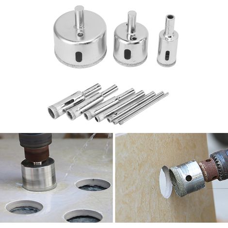 Ensemble de 10 pièces comprenant une scie cloche diamantée pour verre, des forets pour verre, une scie cloche pour marbre, des forets pour céramique, le tout dans une boîte en carton. (1/5)