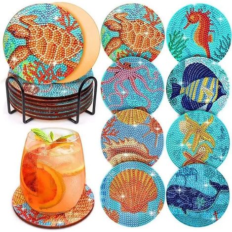 Dessous de Verre, 8Pcs Sous-Verres, Dessous de verre en forme de Diamant, Dessous de Verre DIY avec Support pour Adultes, Enfants (1/4)