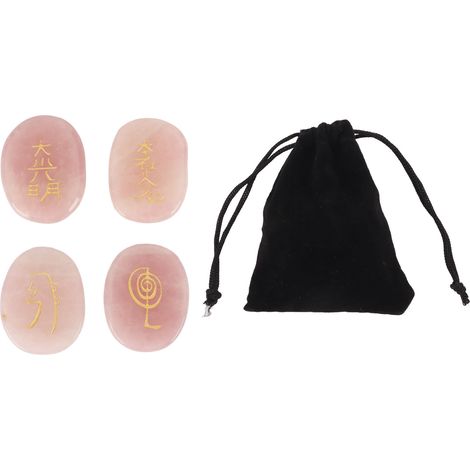 4 Pierres Runes Naturelles Gravées Symboles Reiki Ovales Plates Méditation Quartz Rose Avec Pochette Rangement (1/5)