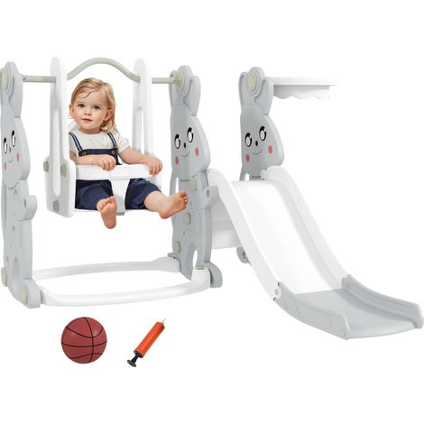 Jeu d'enfant 4-en-1 avec toboggan, balançoire, mur d'escalade et panier de basket, design lapin, pour intérieur et extérieur, gris (1/5)