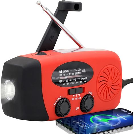 Radio solar con manivela de 6000 mAh, radio solar NOAA/FM/AM, radio portátil de supervivencia con función SOS, cargador USB portátil (rojo). (1/5)