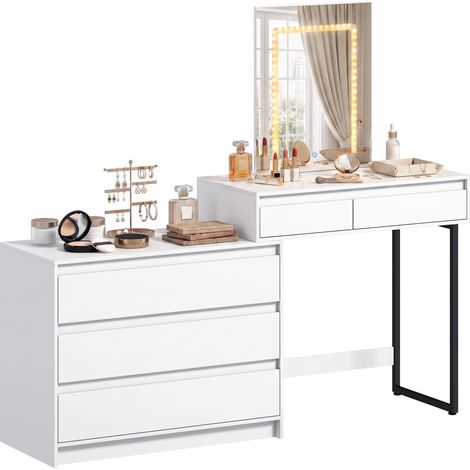 Vanity Makeup Desk, LED Mirror, 150 x 40 x 133.5 cm, White (1/5)