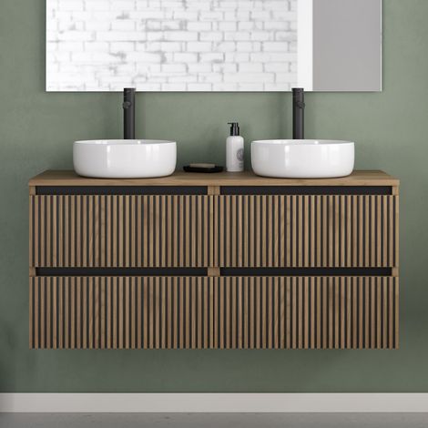 Meuble de salle de bain 120cm avec plateau et 2 vasques à poser rondes - 4 tiroirs - sans miroir - noyer (bois foncé) - VENERIA
