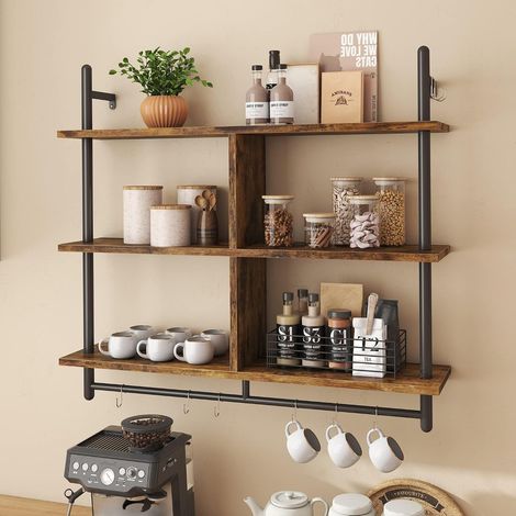 Étagère Suspendue Industrielle 3 Niveaux 105cm, Étagère Murale en Bois avec Crochets pour Rangement Salon, Cuisine, Balcon (Marron, 105 x 23.8 x 93.98 cm) (1/5)