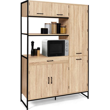 Idmarket – Buffet de cuisine colonne de rangement 120 cm – 6 portes et tiroir – Structure métal noir effet bois – Rangement XXL pour cuisine