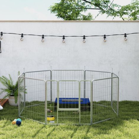 Parque para mascotas plegable (80x80x1.5 cm), de 8 paneles, con puerta, acero, plateado (1/5)