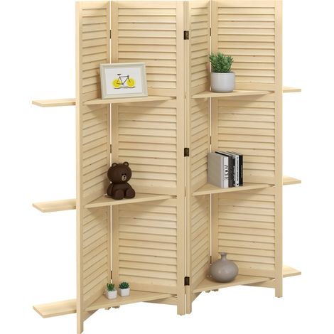 Divisorio a 4 pannelli, 160 cm di larghezza x 170 cm di altezza, con 3 ripiani pieghevoli, finitura in legno naturale.
