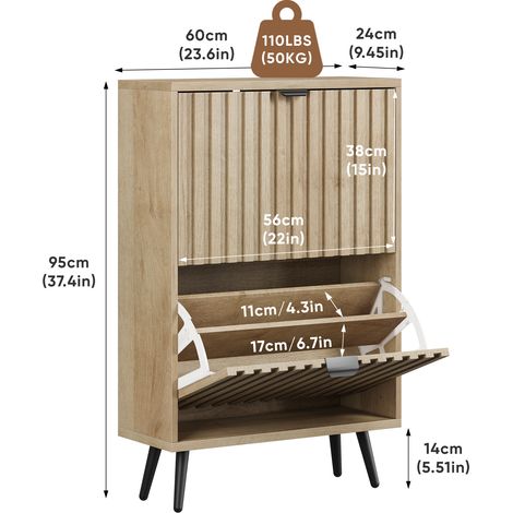 60 cm breiter Schuhschrank in natürlicher Holzoptik – freistehendes Schuhmöbel im Mid-Century-Modern-Stil mit zwei Kippfächern und gerillter Oberflächenstruktur geeignet für Eingangsbereiche, Foyers (1/5)