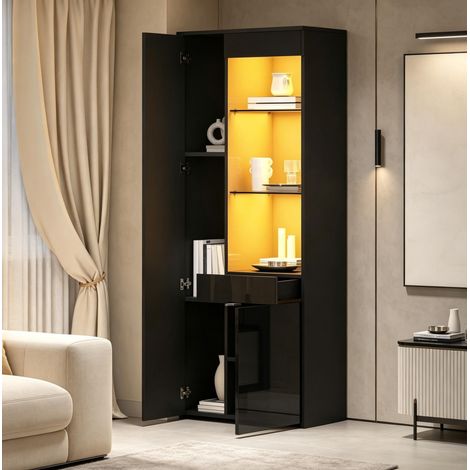 Vetrina nera 70 x 35 x 180 cm con LED, cassetto e ante in vetro temperato (1/5)
