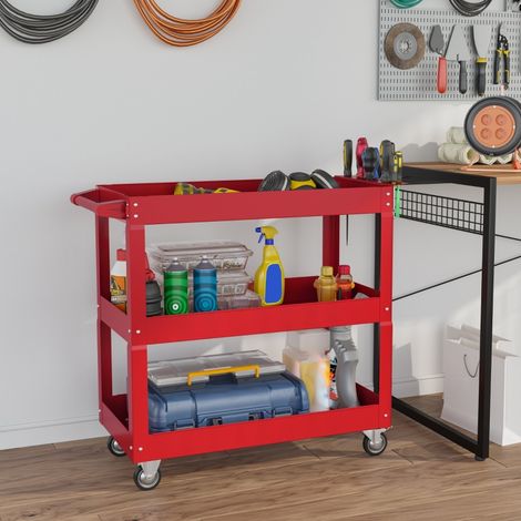 Chariot de rangement 3 niveaux, rouge, 83 x 35,3 x 76 cm, structure en acier, 4 roulettes pivotantes