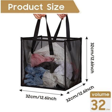 NALOOKAMIC Panier �� linge pliable en maille avec poign��es, portable et compact, id��al pour le linge, les v��tements et les jouets (noir, simple ��paisseur)