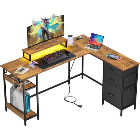Bureau d'angle gaming DEVAISE L 150x118 cm avec tiroirs prises USB idéal pour bureau à domicile et chambre en brun rustique (1/5)
